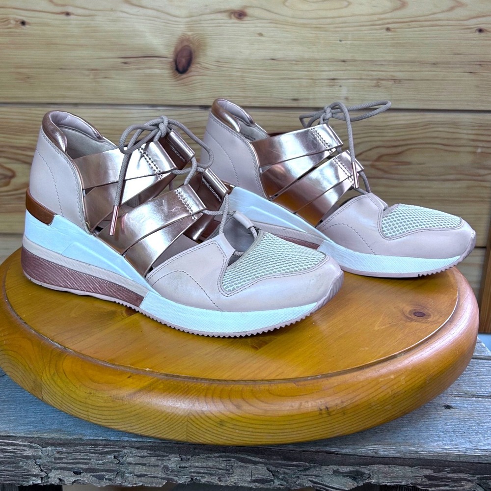 Michael Kors Rose Gold Blush Pink‎ Wedge Sneakers Cutout Fashion Trainers 6.5M